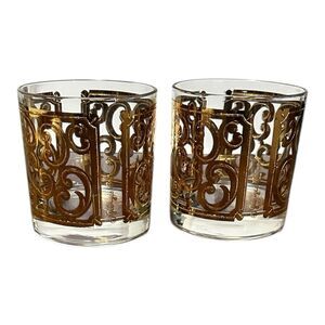 Georges Briard Spanish Gold Double Old Fashioned Cocktail Glasses Set of 2 1960s